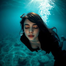 A serene underwater scene depicting a beautiful woman with black hair floating at the bottom of the sea