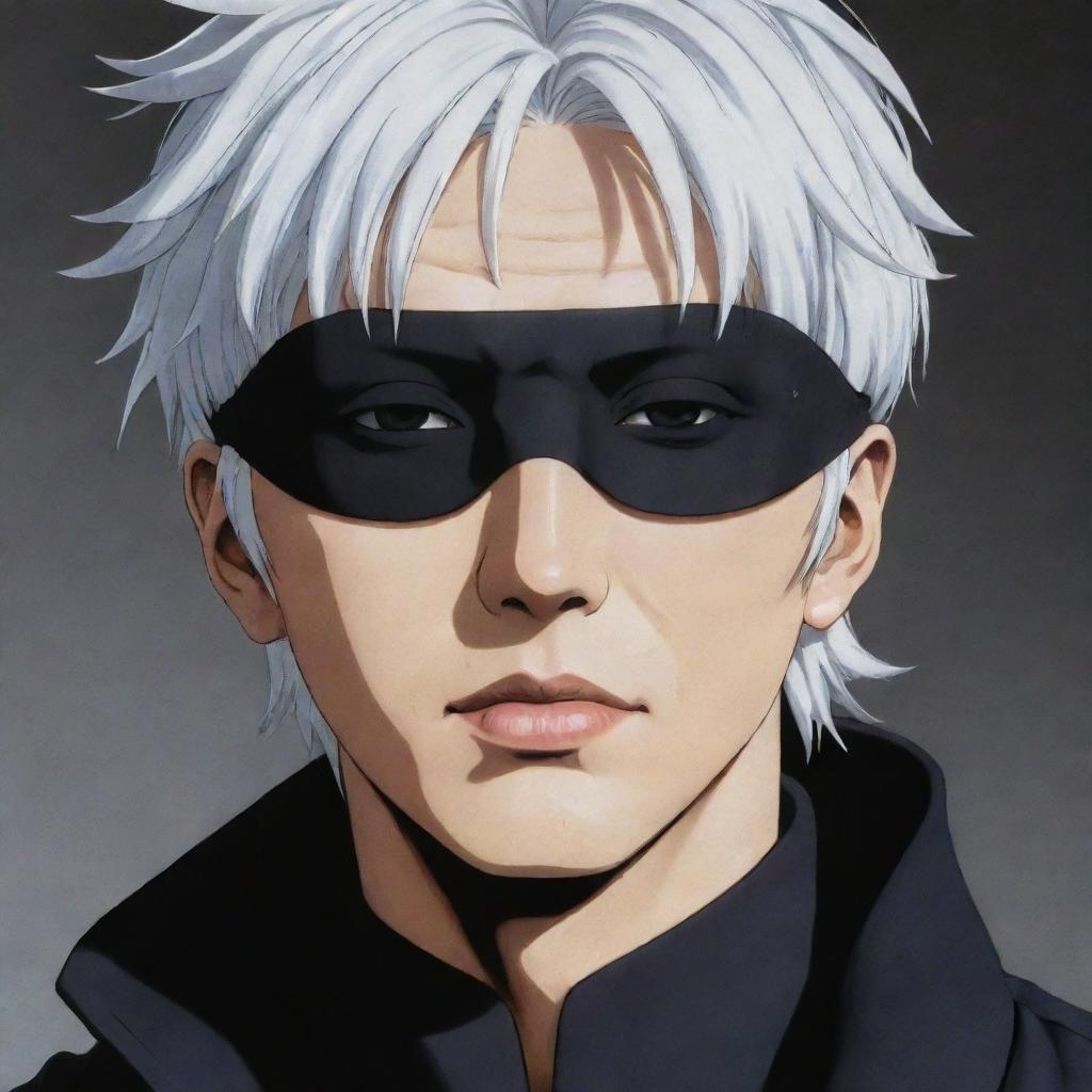 A high-quality, detailed portrait of the anime character Gojo Satoru from Jujutsu Kaisen. Gojo Satoru is depicting his iconic white hair and blindfold, wearing a black high-collared coat.