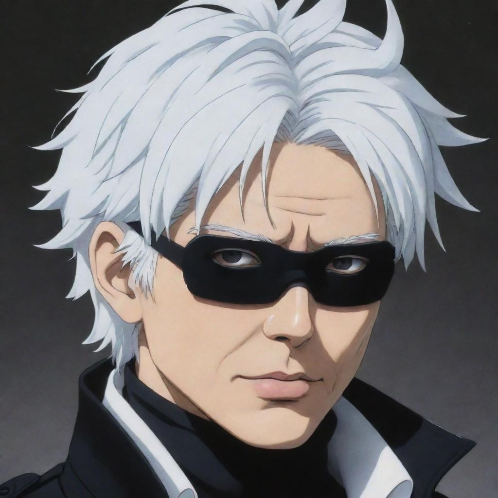 A high-quality, detailed portrait of the anime character Gojo Satoru from Jujutsu Kaisen. Gojo Satoru is depicting his iconic white hair and blindfold, wearing a black high-collared coat.