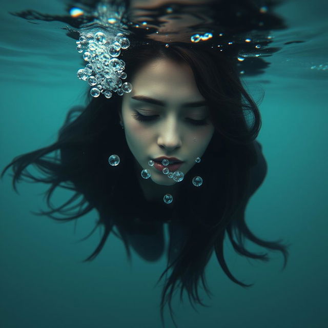 A beautiful woman with long black hair submerged at the bottom of the sea, her eyes closed softly