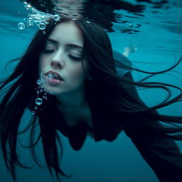 A beautiful woman with long black hair submerged at the bottom of the sea, her eyes closed softly