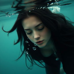 A beautiful woman with long black hair submerged at the bottom of the sea, her eyes closed softly