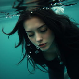 A beautiful woman with long black hair submerged at the bottom of the sea, her eyes closed softly