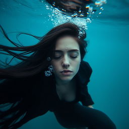 A beautiful woman with long black hair submerged at the bottom of the sea, her eyes closed softly