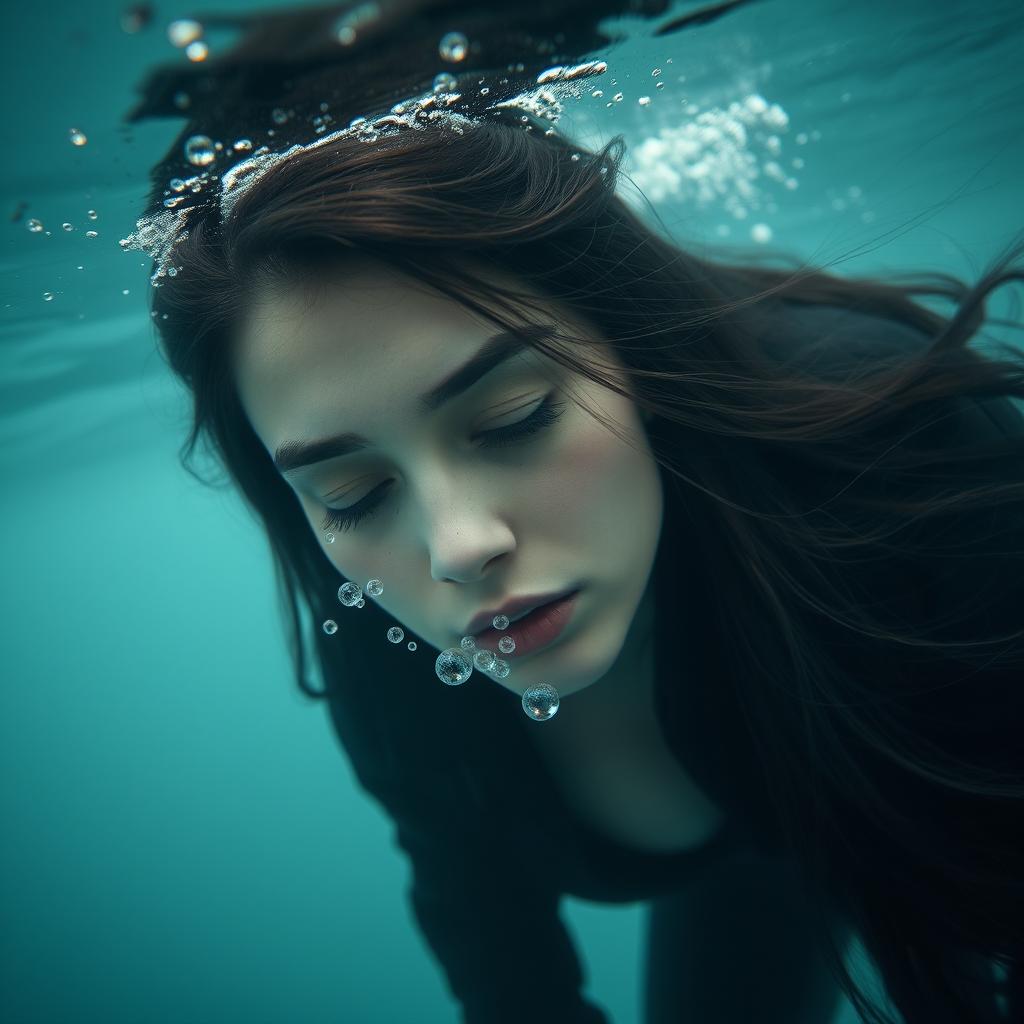 A beautiful woman with long black hair submerged at the bottom of the sea, her eyes softly closed