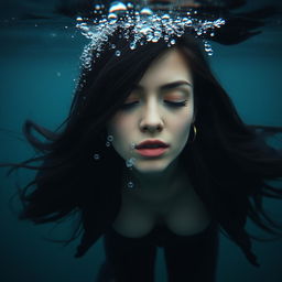 A beautiful woman with long black hair submerged at the bottom of the sea, her eyes softly closed