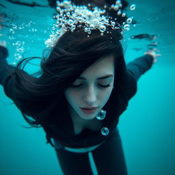 A beautiful woman with long black hair submerged at the bottom of the sea, her eyes softly closed