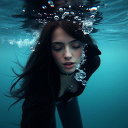 A beautiful woman with long black hair submerged at the bottom of the sea, her eyes softly closed