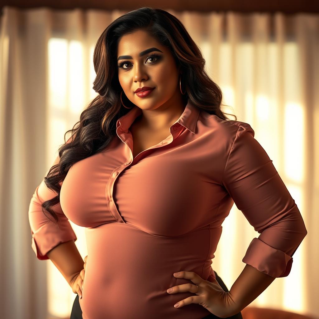 A voluptuous woman with a stunning presence, characterized by her curvaceous figure and massive bust