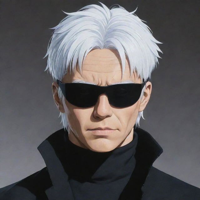 A high-quality, detailed portrait of the anime character Gojo Satoru from Jujutsu Kaisen. Gojo Satoru is depicting his iconic white hair and blindfold, wearing a black high-collared coat.