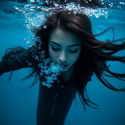 A beautiful woman with long black hair submerged underwater at the bottom of the sea