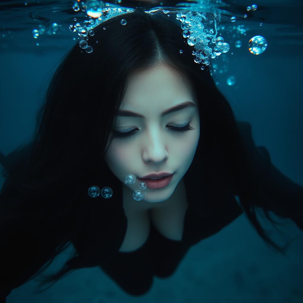 A beautiful woman with long black hair submerged underwater at the bottom of the sea