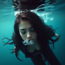 A beautiful woman with long black hair submerged underwater at the bottom of the sea