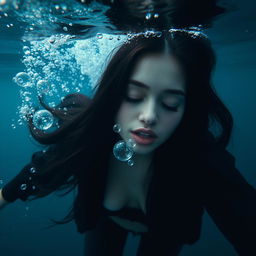 A beautiful woman with long black hair submerged underwater at the bottom of the sea