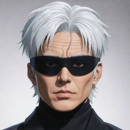 A high-quality, detailed portrait of the anime character Gojo Satoru from Jujutsu Kaisen. Gojo Satoru is depicting his iconic white hair and blindfold, wearing a black high-collared coat.