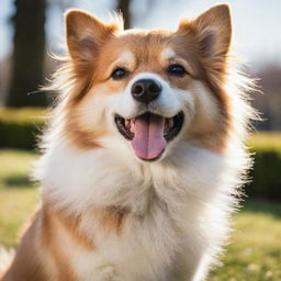 A lively, adorable dog, full of energy and joy, with shiny, well-groomed fur gleaming under the sunlight.