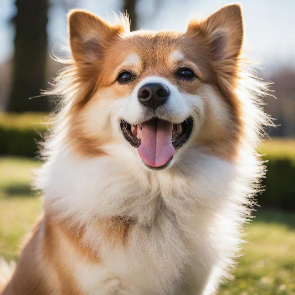A lively, adorable dog, full of energy and joy, with shiny, well-groomed fur gleaming under the sunlight.