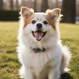 A lively, adorable dog, full of energy and joy, with shiny, well-groomed fur gleaming under the sunlight.