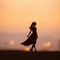 Golden silhouettes of a man and a woman walking hand in hand, their figures elegantly outlined against a soft, blurred, and pastel-colored background