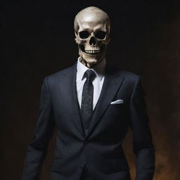 The original refined skeleton decked in a fitting suit, but with a more menacing aura, sharper features, blazing eye sockets, and an eerie glow, evoking a bone-chilling fear.