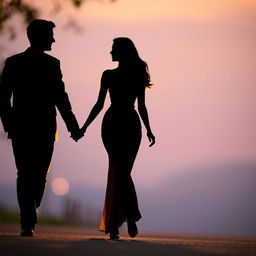 Golden silhouettes of a man and a woman walking hand in hand, their figures elegantly outlined against a soft, blurred, and pastel-colored background