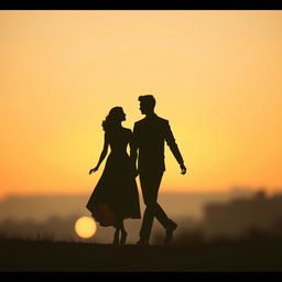 Golden silhouettes of a man and a woman walking hand in hand, their figures elegantly outlined against a soft, blurred, and pastel-colored background