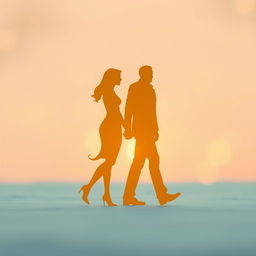 Golden silhouettes of a man and a woman walking hand in hand, their figures elegantly outlined against a soft, blurred, and pastel-colored background