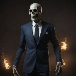 The original refined skeleton decked in a fitting suit, but with a more menacing aura, sharper features, blazing eye sockets, and an eerie glow, evoking a bone-chilling fear.