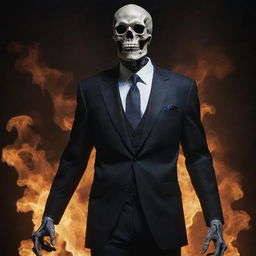 The original refined skeleton decked in a fitting suit, but with a more menacing aura, sharper features, blazing eye sockets, and an eerie glow, evoking a bone-chilling fear.