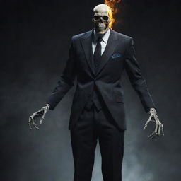 The original refined skeleton decked in a fitting suit, but with a more menacing aura, sharper features, blazing eye sockets, and an eerie glow, evoking a bone-chilling fear.