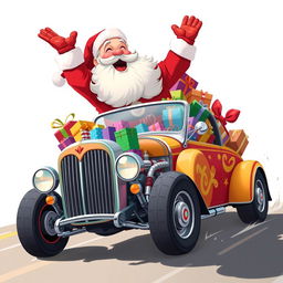 A 2D illustration of Santa Claus joyfully riding a vibrant, custom hot rod car