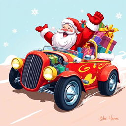 A 2D illustration of Santa Claus joyfully riding a vibrant, custom hot rod car