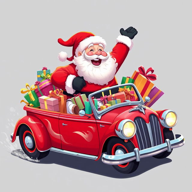 A 2D illustration of Santa Claus joyfully riding a vibrant, custom hot rod car