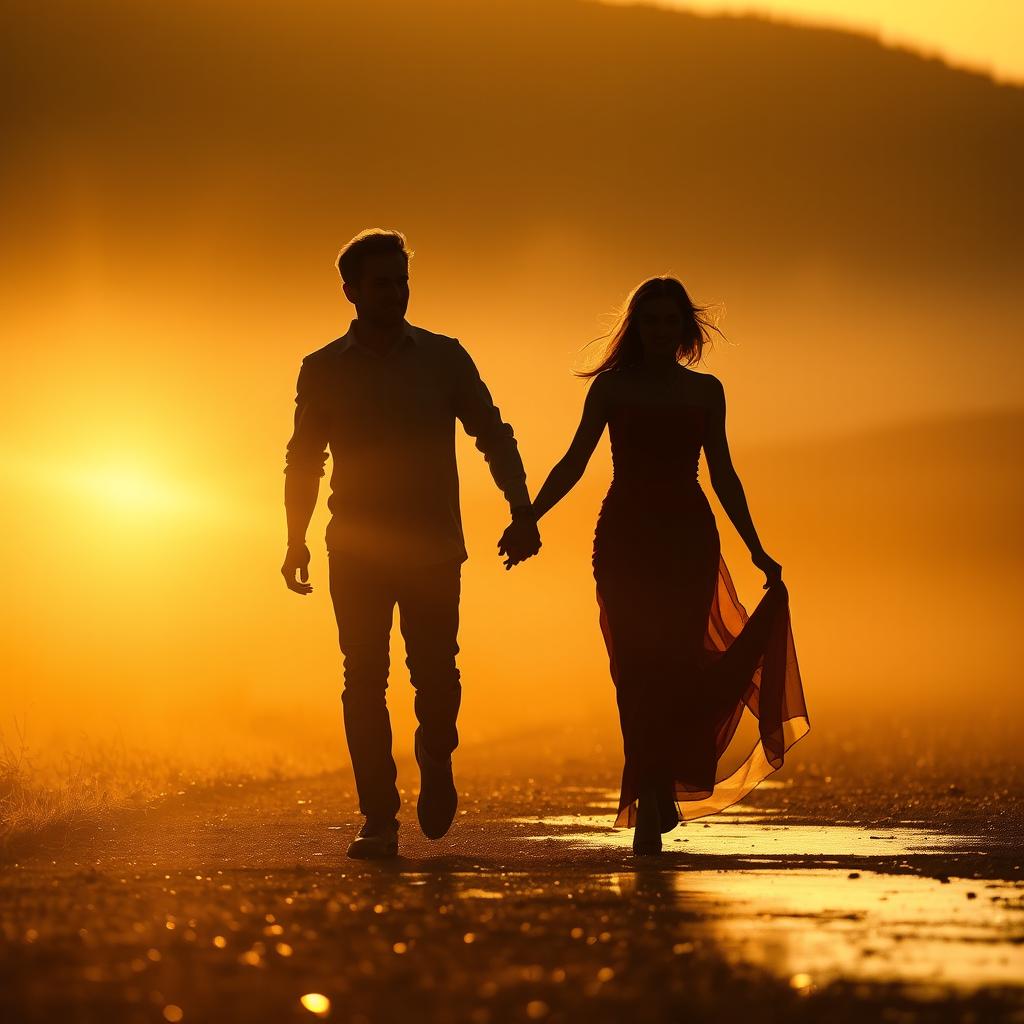 golden silhouettes of a man and a woman walking hand in hand