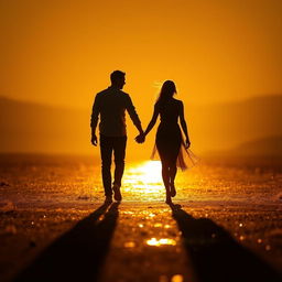 golden silhouettes of a man and a woman walking hand in hand