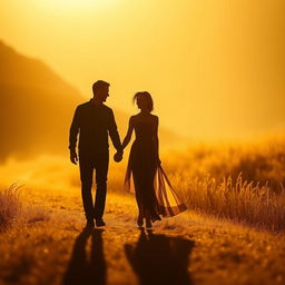 golden silhouettes of a man and a woman walking hand in hand