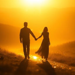 golden silhouettes of a man and a woman walking hand in hand