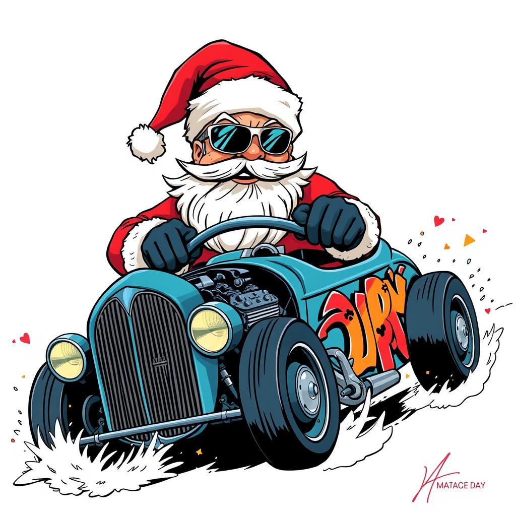 A 2D graffiti art style illustration featuring Santa Claus wearing stylish sunglasses while riding a dynamic hot rod car