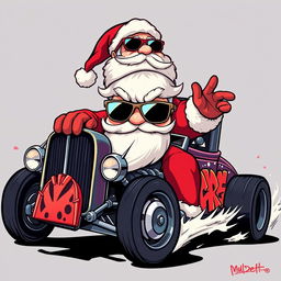 A 2D graffiti art style illustration featuring Santa Claus wearing stylish sunglasses while riding a dynamic hot rod car