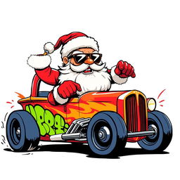 A 2D graffiti art style illustration featuring Santa Claus wearing stylish sunglasses while riding a dynamic hot rod car