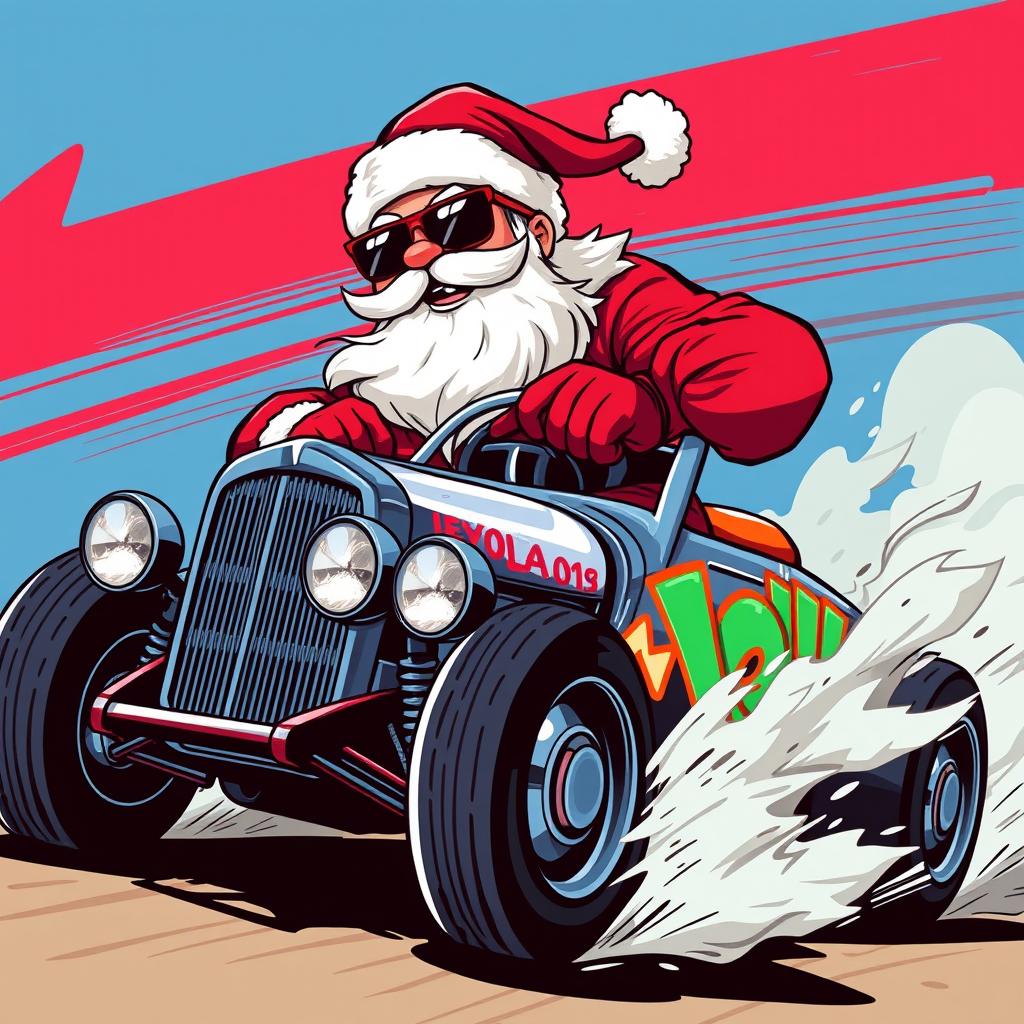 A 2D graffiti art style illustration featuring Santa Claus wearing stylish sunglasses while riding a dynamic hot rod car