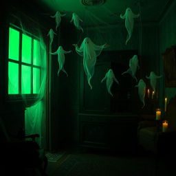 A spooky ghost house interior at night with a haunting atmosphere