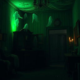 A spooky ghost house interior at night with a haunting atmosphere