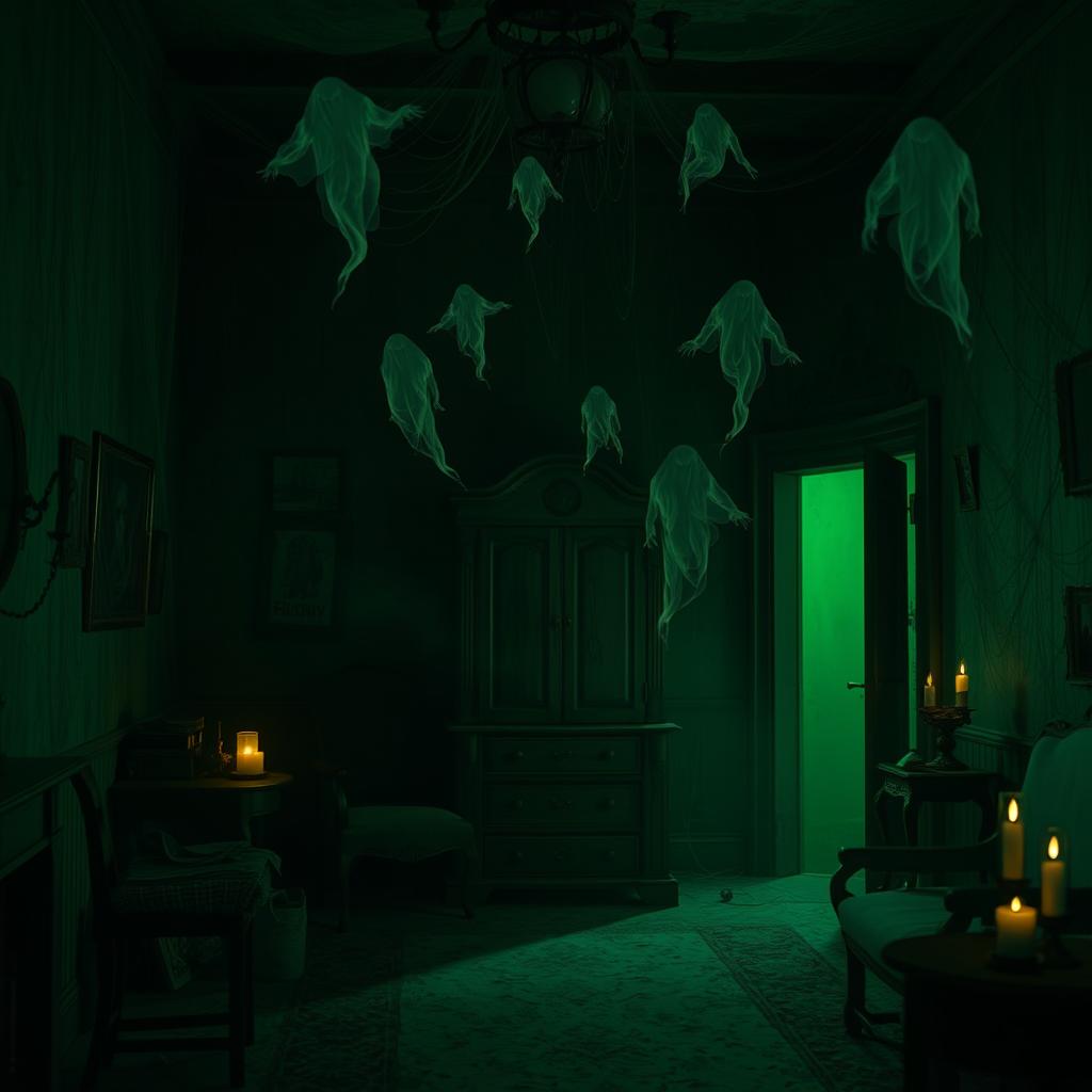 A spooky ghost house interior at night with a haunting atmosphere