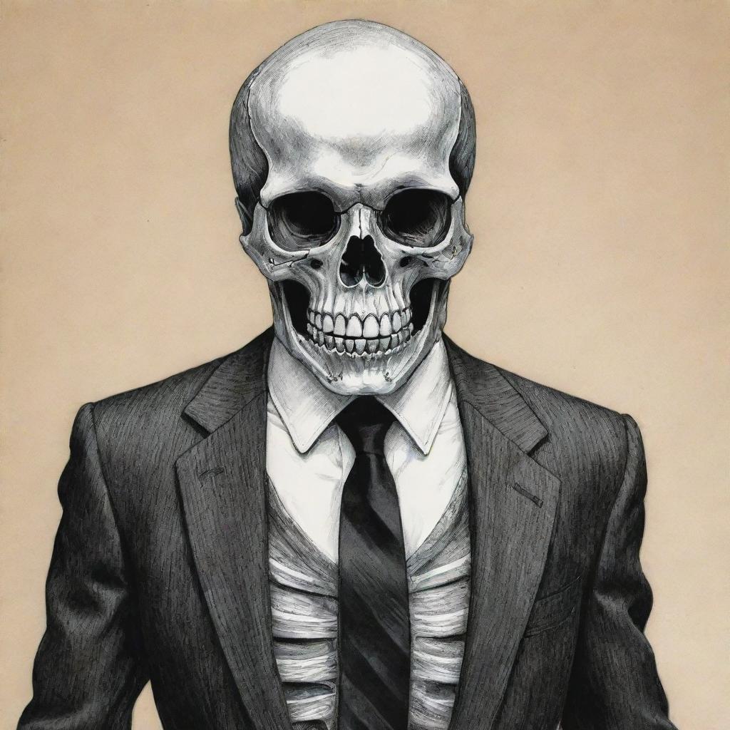 A hand-drawn, menacing skeleton adorned in a stylish suit, each bone inked with careful precision, and imbued with the striking rawness and imperfections of traditional sketching.