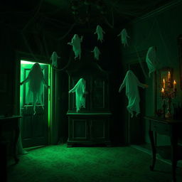 A spooky ghost house interior at night with a haunting atmosphere