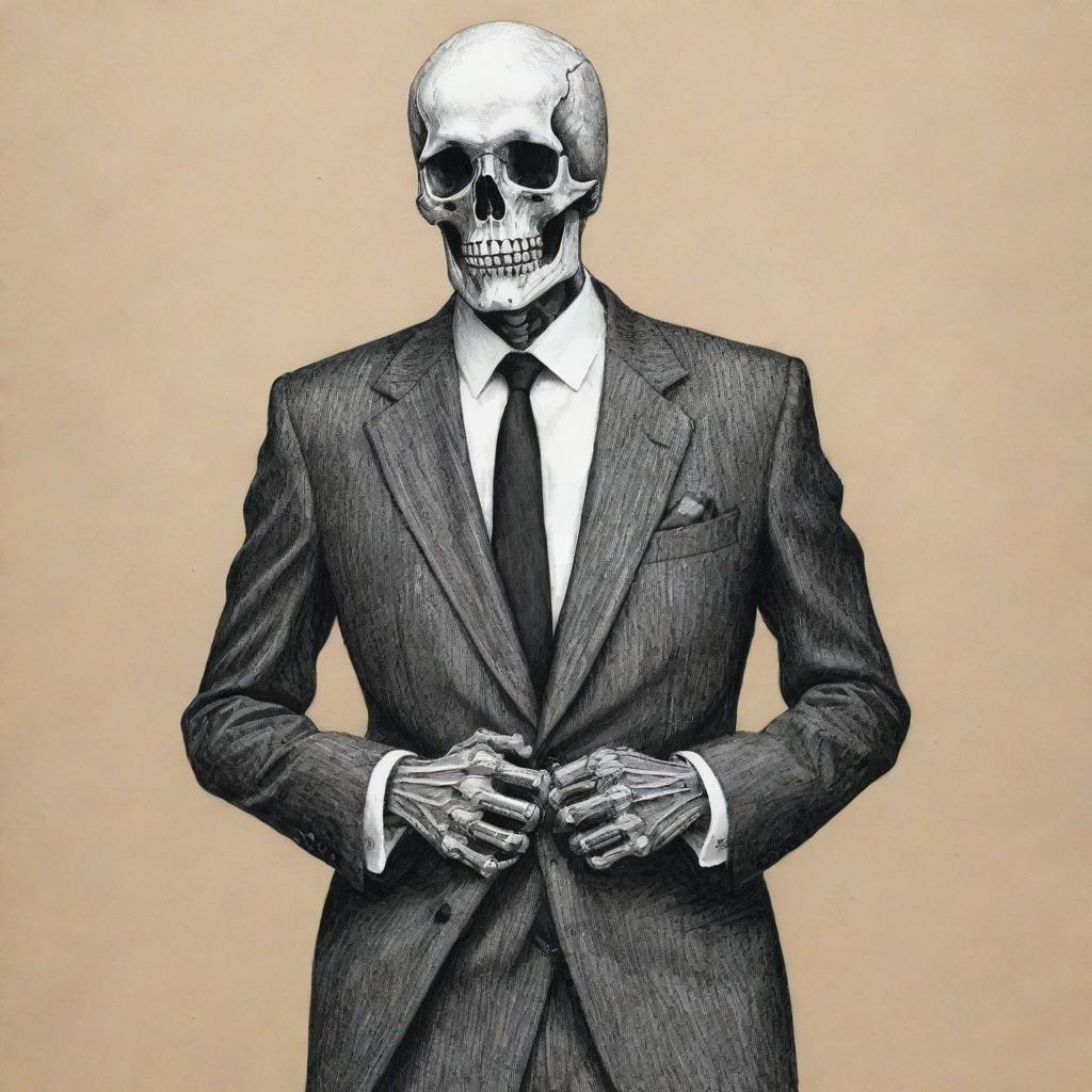 A hand-drawn, menacing skeleton adorned in a stylish suit, each bone inked with careful precision, and imbued with the striking rawness and imperfections of traditional sketching.