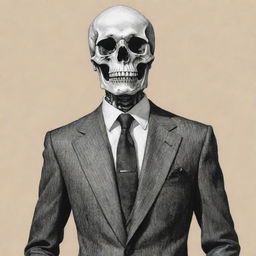 A hand-drawn, menacing skeleton adorned in a stylish suit, each bone inked with careful precision, and imbued with the striking rawness and imperfections of traditional sketching.