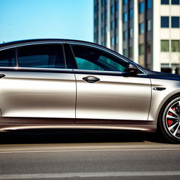 a sleek and modern sedan car, parked in an urban setting, showcasing its shiny exterior and aerodynamic design, with clear blue skies reflecting off its windows, capturing the elegance and sophistication of a luxury vehicle