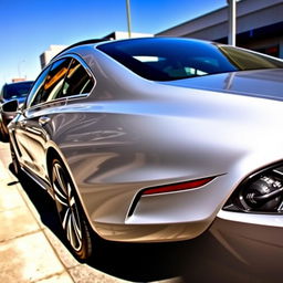 a sleek and modern sedan car, parked in an urban setting, showcasing its shiny exterior and aerodynamic design, with clear blue skies reflecting off its windows, capturing the elegance and sophistication of a luxury vehicle